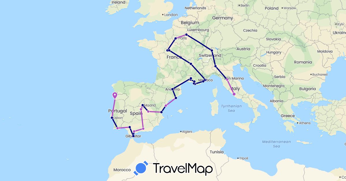 TravelMap itinerary: driving, train in Andorra, Switzerland, Spain, France, Gibraltar, Italy, Monaco, Portugal (Europe)